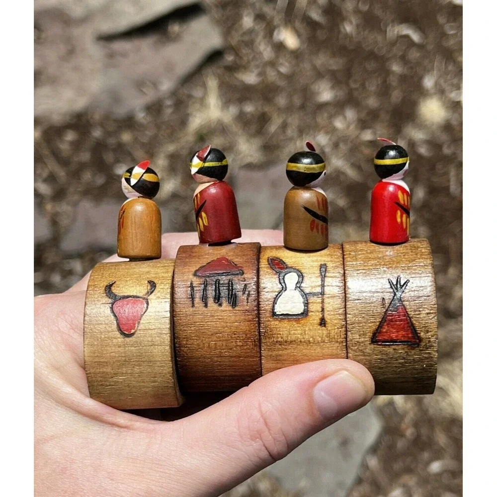 Native American Indian Style Wood Napkin ~ Rings Set of 8 ~ Carved Hand-Painted